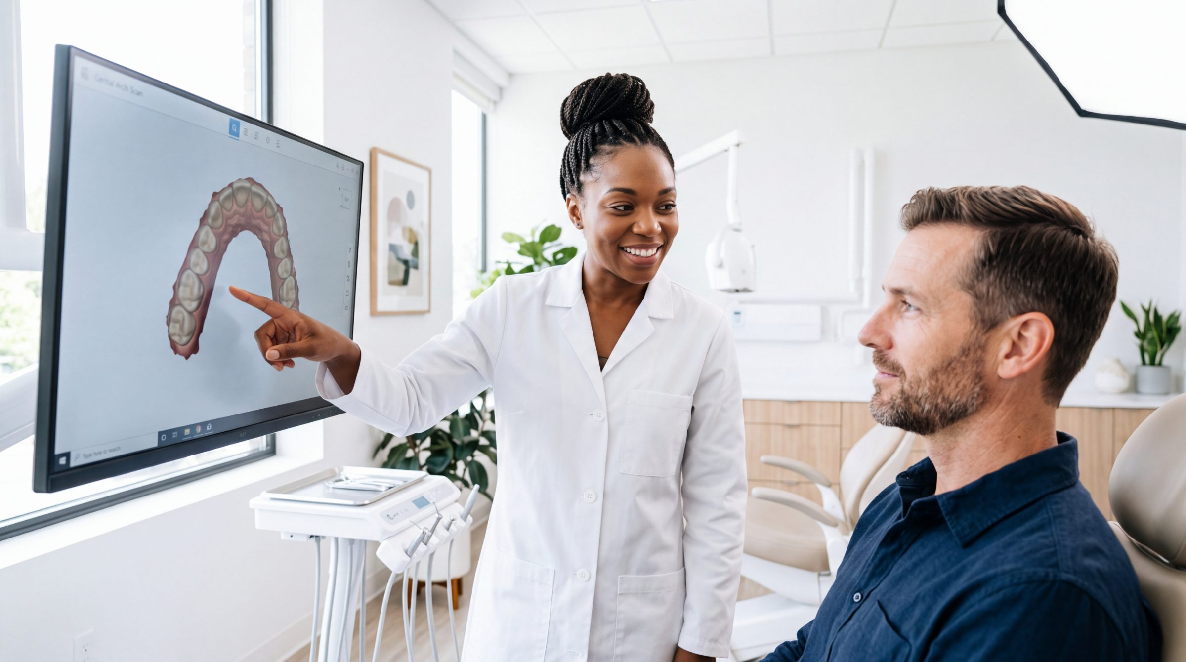 Clinician pointing at a 3D digital scan of a dental arch on a screen while a patient looks on
