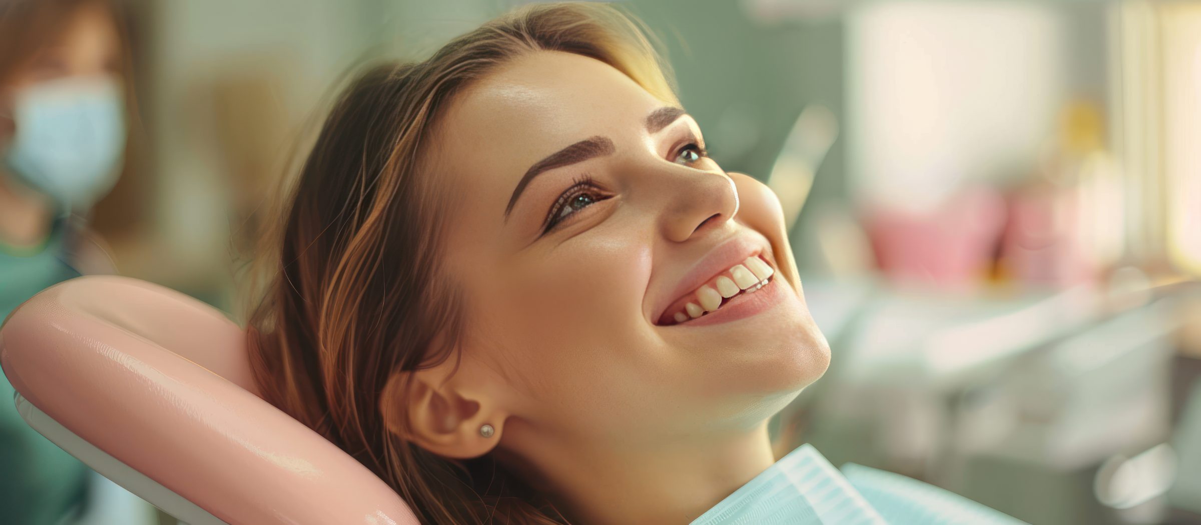 Relaxed, smiling woman reclining in a dental chair as a masked clinician waits in the background