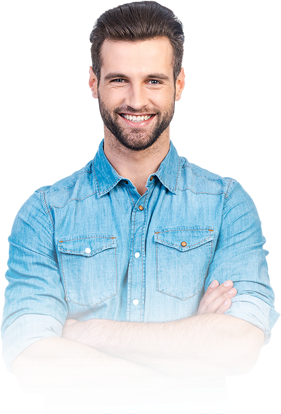 A smiling patient with his arms folded