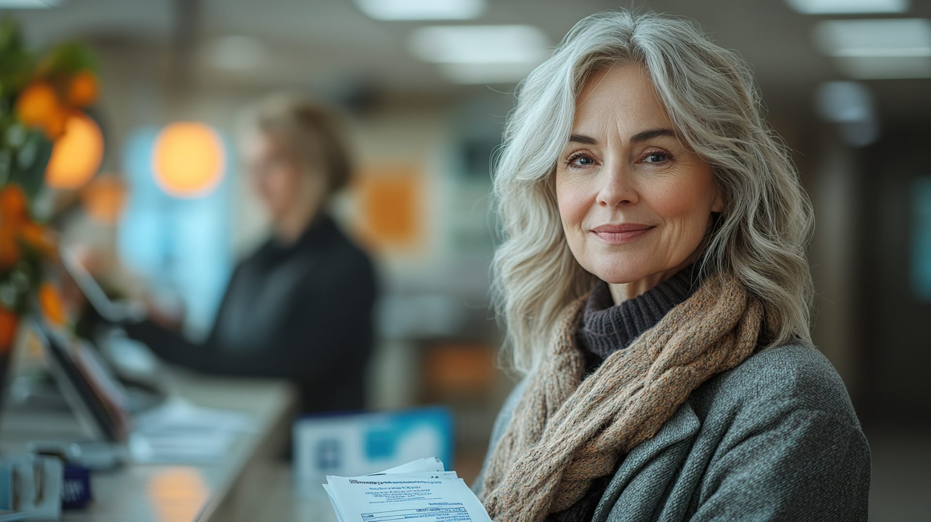 Smiling woman with gray hair holding paperwork at a dental reception desk