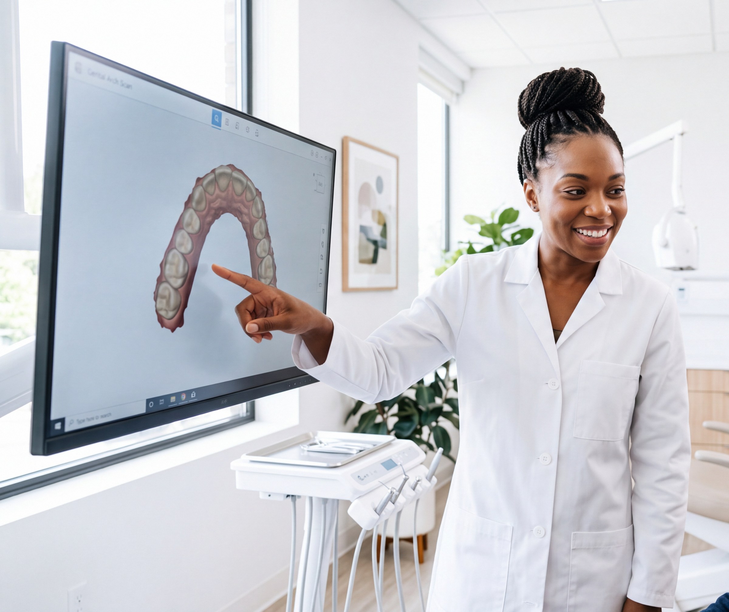 A clinician points at a 3D digital scan of a dental arch on a screen