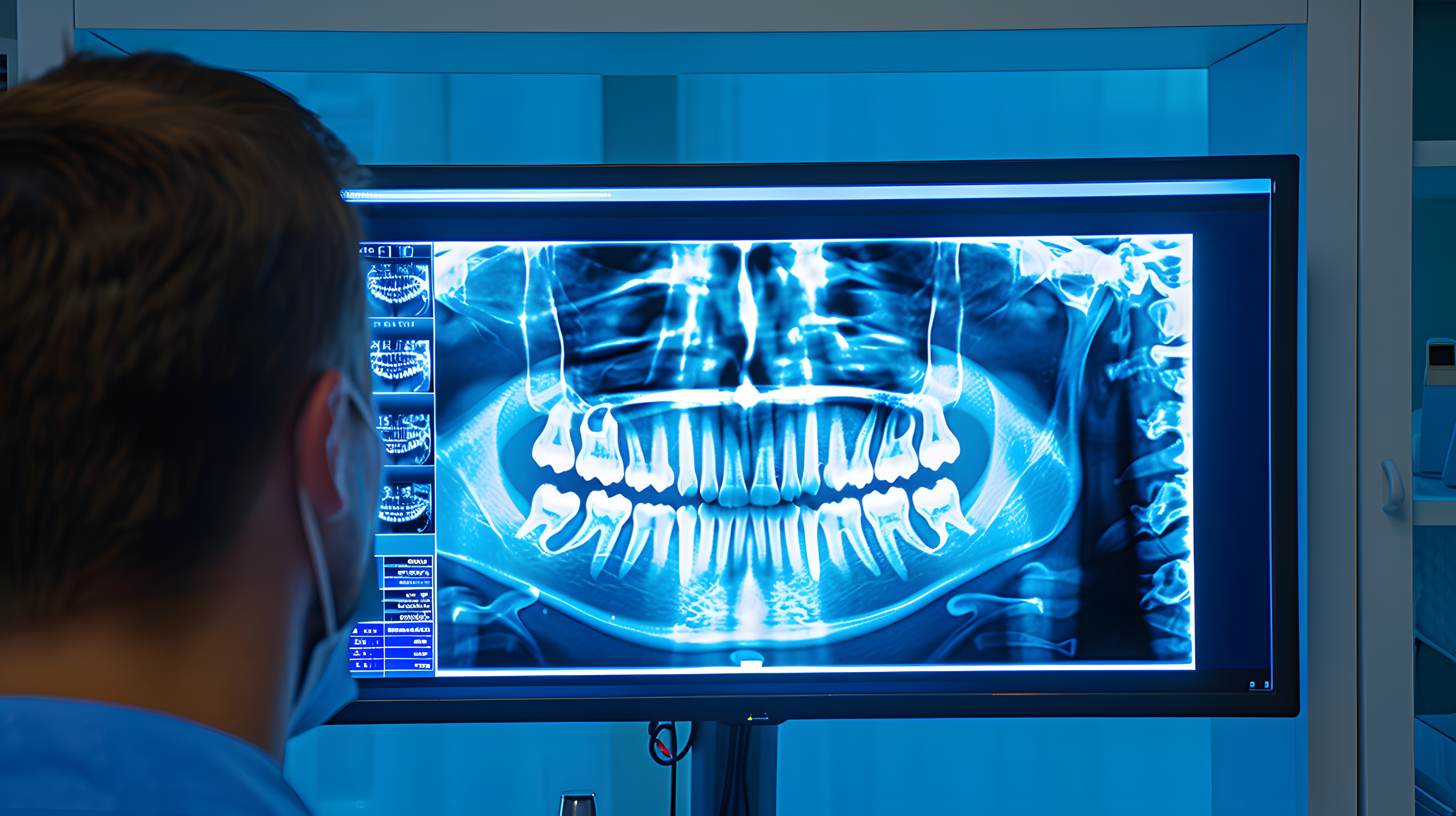 Clinician in a mask reviewing a panoramic dental X-ray of the full jaw on a monitor