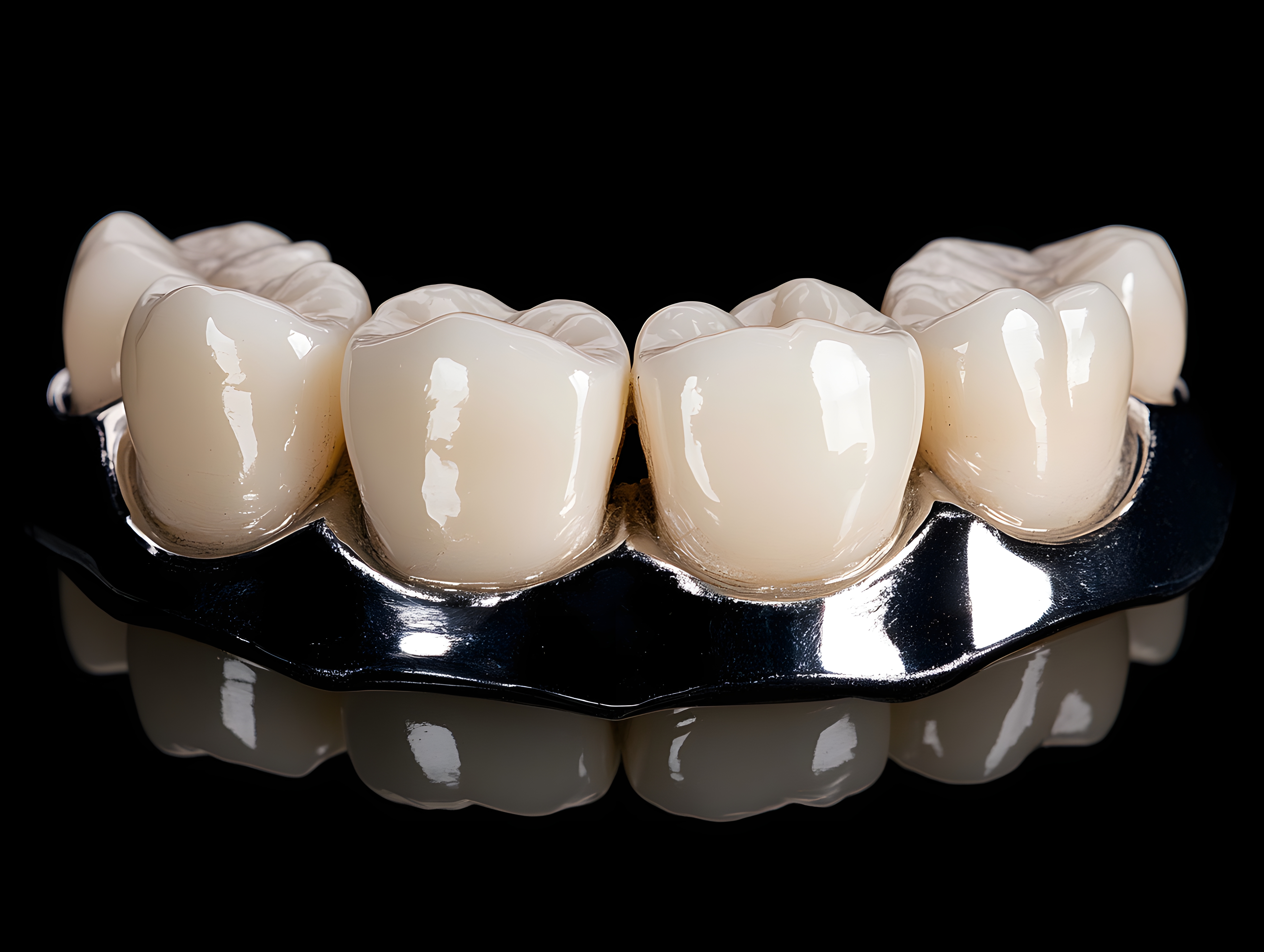 Ceramic crowns and bridge on a polished metal framework, photographed against a black background